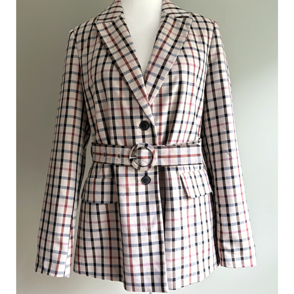 VERO MODA Check Plaid Belted Blazer Jacket Sz Small Preppy Academia Classic - Picture 1 of 16
